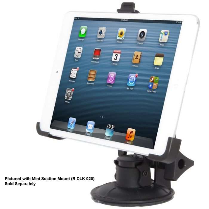 Tablet mounted on a black mini suction mount, displaying a home screen with various app icons. The mount is positioned on a flat surface, and the text indicates the mount is sold separately.